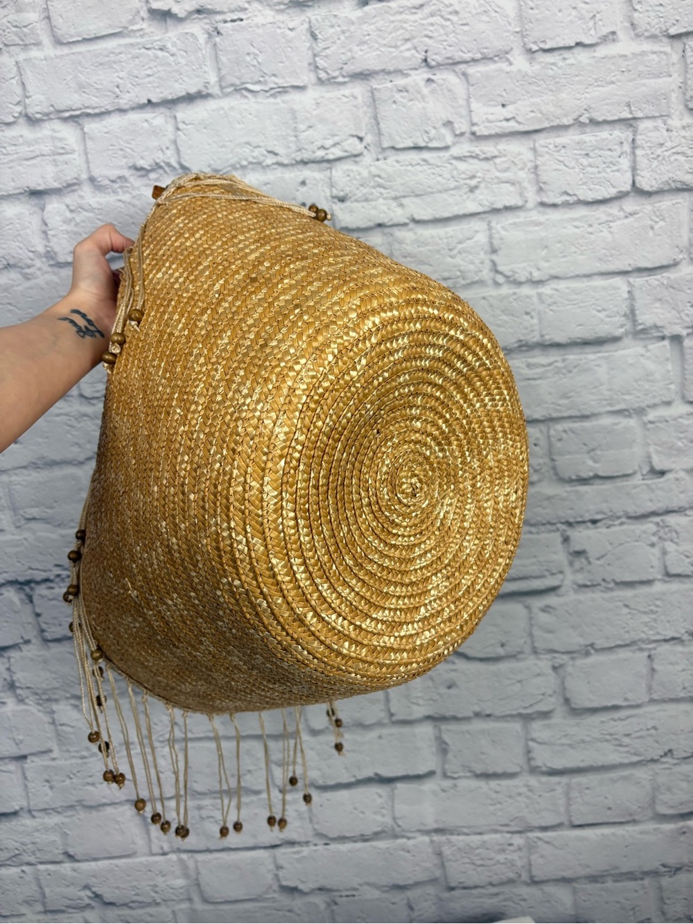 Boho Straw Market Tote Bag Bamboo Handle Woven Beach Purse Beaded Fringe Large - Picture 7 of 7